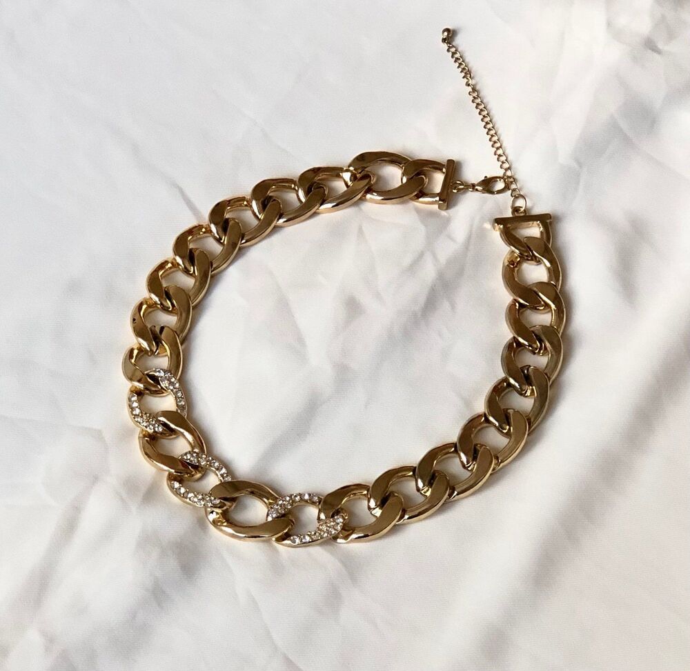 Gold-Tone Curb Chain Rhinestones Choker